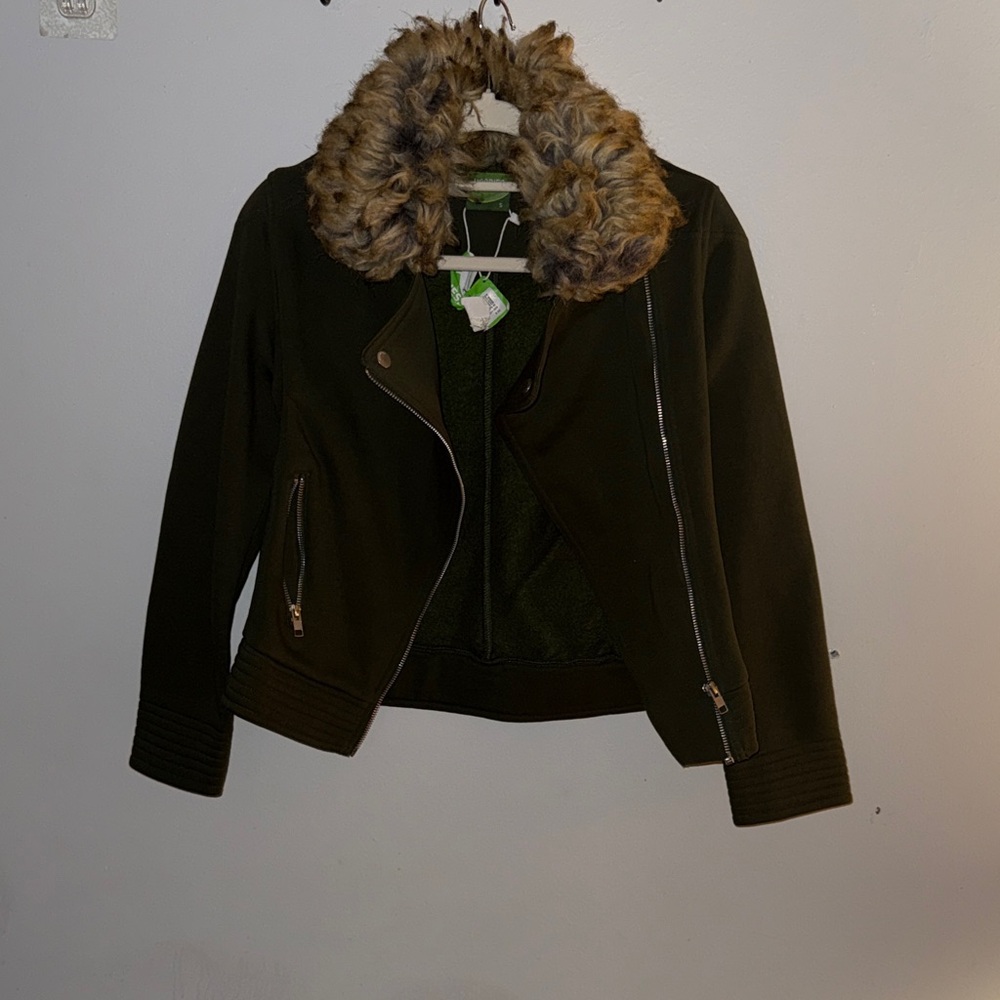 Women's Olive Teddy Jacket with Faux Fur Collar